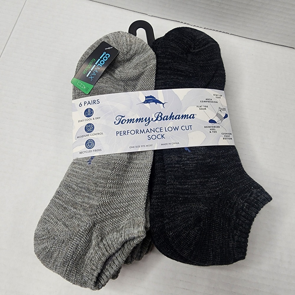 Tommy Bahama 6 Pack Mens Performance Low Cut Socks Gray Black CoolMax TBD1477